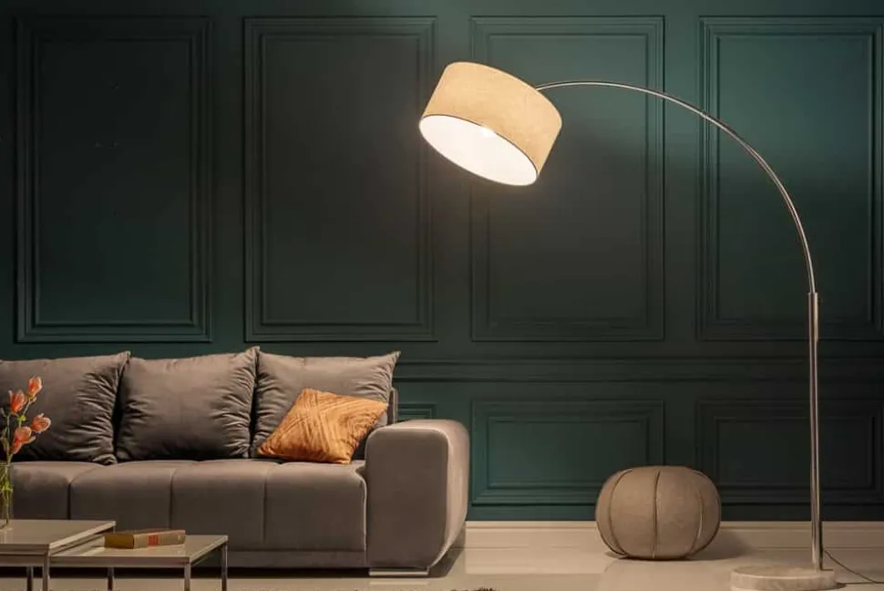 Ausziehbare Bogenlampe LOUNGE DEAL 170-200cm weiß Leinenschirm Stehlampe