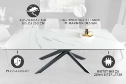 Ausziehbarer Esstisch ALPINE 160-200cm weiß Keramik Marmor schwarzes Metallgestell