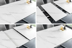 Ausziehbarer Esstisch ALPINE 160-200cm weiß Keramik Marmor schwarzes Metallgestell