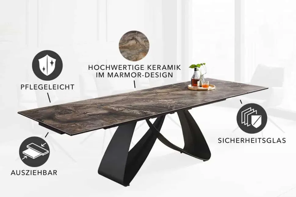 Ausziehbarer Esstisch INFINITY 180-260cm taupe Keramik Marmor schwarz Metall