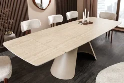 Ausziehbarer Esstisch VOGUE 160-240cm beige Keramik Travertin Metall champagner greige