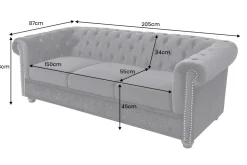 Barock Sofa CHESTERFIELD 205cm schwarz Samt Federkern Knopfheftung 3-Sitzer Couch