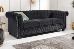 Barock Sofa CHESTERFIELD 205cm schwarz Samt Federkern Knopfheftung 3-Sitzer Couch