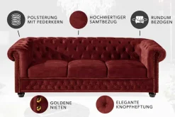 Barock Sofa CHESTERFIELD 205cm rot Samt Federkern Knopfheftung 3-Sitzer Couch