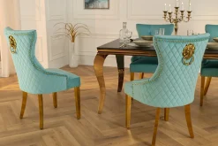 Barock Stuhl CASTLE DELUXE blau Samt gold Edelstahl mit Löwenkopf Chesterfield