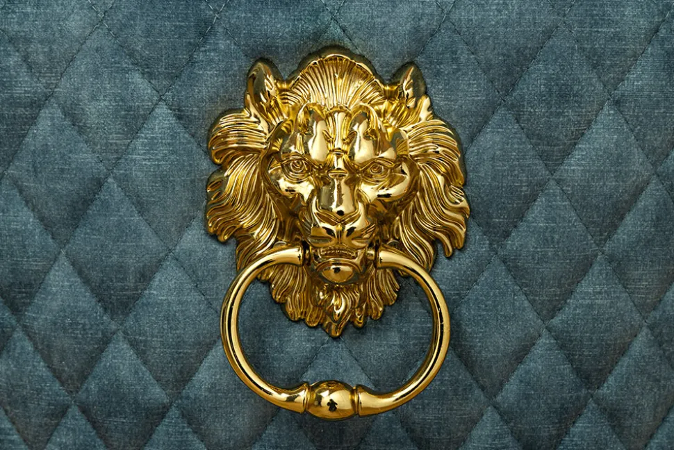 Barock Stuhl CASTLE DELUXE petrol Samt gold Edelstahl mit Löwenkopf Ziernieten