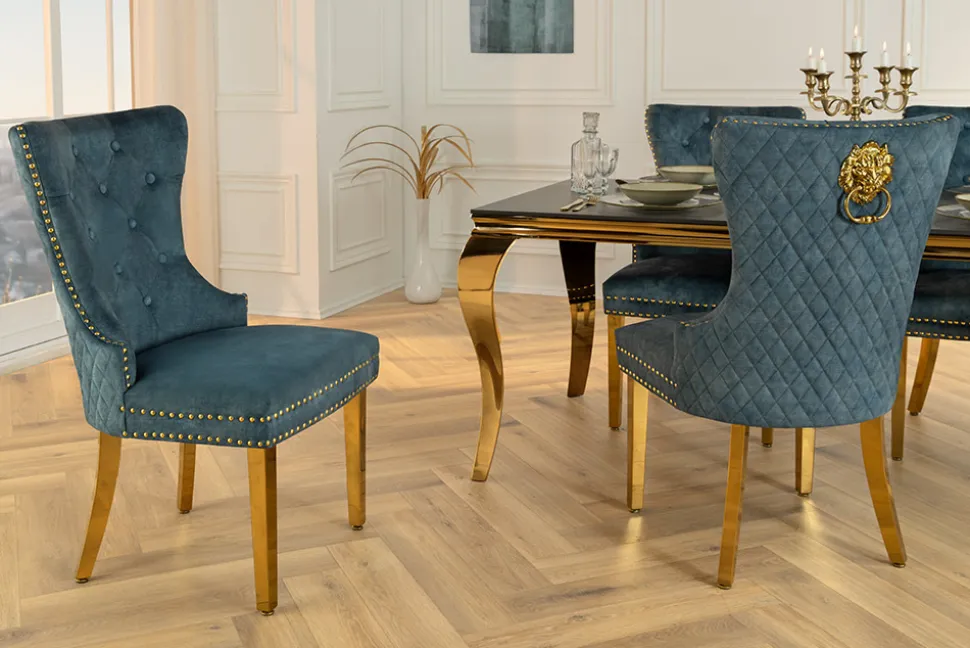 Barock Stuhl CASTLE DELUXE petrol Samt gold Edelstahl mit Löwenkopf Ziernieten