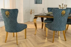 Barock Stuhl CASTLE DELUXE petrol Samt gold Edelstahl mit Löwenkopf Ziernieten