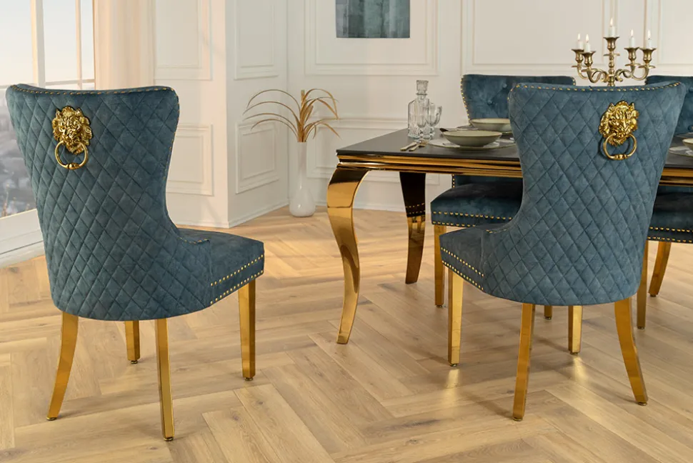 Barock Stuhl CASTLE DELUXE petrol Samt gold Edelstahl mit Löwenkopf Ziernieten