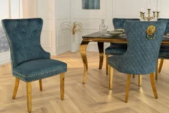 Barock Stuhl CASTLE DELUXE petrol Samt gold Edelstahl mit Löwenkopf Ziernieten