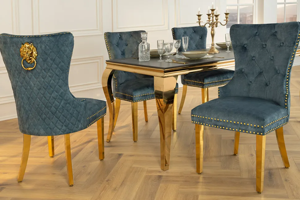 Barock Stuhl CASTLE DELUXE petrol Samt gold Edelstahl mit Löwenkopf Ziernieten