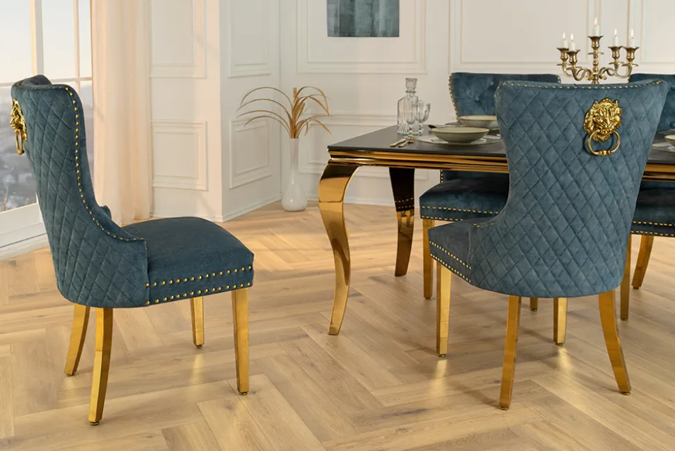 Barock Stuhl CASTLE DELUXE petrol Samt gold Edelstahl mit Löwenkopf Ziernieten