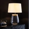 Befüllbare Tischlampe CLASSICO 60cm weiß transparent Glas mit Leinenschirm