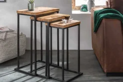 Beistelltisch 3er Set INDUSTRIAL 65cm Mangoholz handmade Mosaik schwarzes Metallgestell massiv