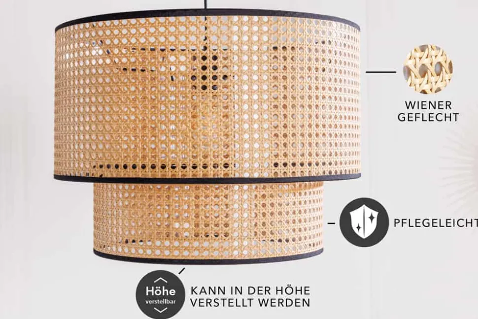 Boho Hängelampe VIENNA 45cm natur schwarz Wiener Geflecht Leuchte