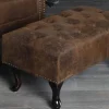 Chesterfield Fußhocker 80cm antik braun mit Knopfheftung und Nietenbesatz