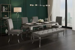 Chesterfield Sitzbank MODERN BAROCK DELUXE 170cm grau Samt silber Edelstahl
