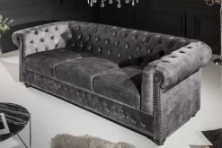 Chesterfield 3-Sitzer Sofa 205cm grau Samt Federkern Knopfheftung