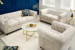 Chesterfield 3-Sitzer Sofa 200cm champagner beige Samt Federkern Knopfheftung