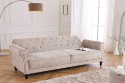 Chesterfield 3-Sitzer Sofa MAISON BELLE AFFAIRE 220cm greige Bouclé mit Schlaffunktion