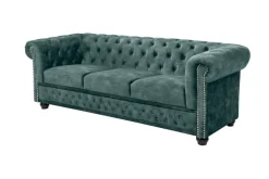 Chesterfield 3-Sitzer Sofa 205cm petrol Samt Federkern Goldnieten Knopfheftung