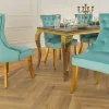 Chesterfield Stuhl CASTLE blau Samt goldene Edelstahlbeine mit Komfortgriff