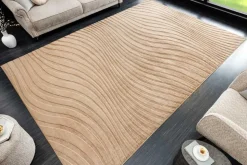 3D strukturierter Kurzflor XXL Teppich WAVE 350x235cm beige Hoch-Tief-Effekt