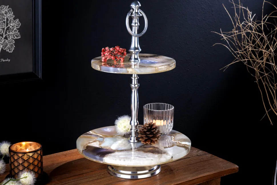 Deko Etagere NOBLE 35cm silber Edelstein handmade Achat Quarz Aluminium