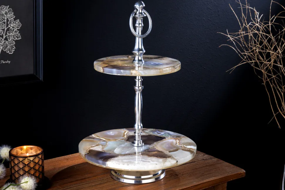 Deko Etagere NOBLE 35cm silber Edelstein handmade Achat Quarz Aluminium
