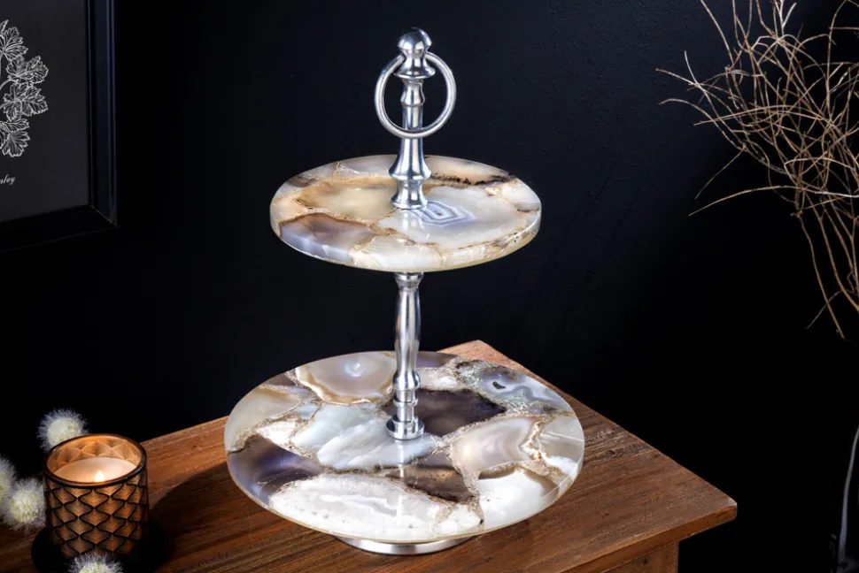 Deko Etagere NOBLE 35cm silber Edelstein handmade Achat Quarz Aluminium