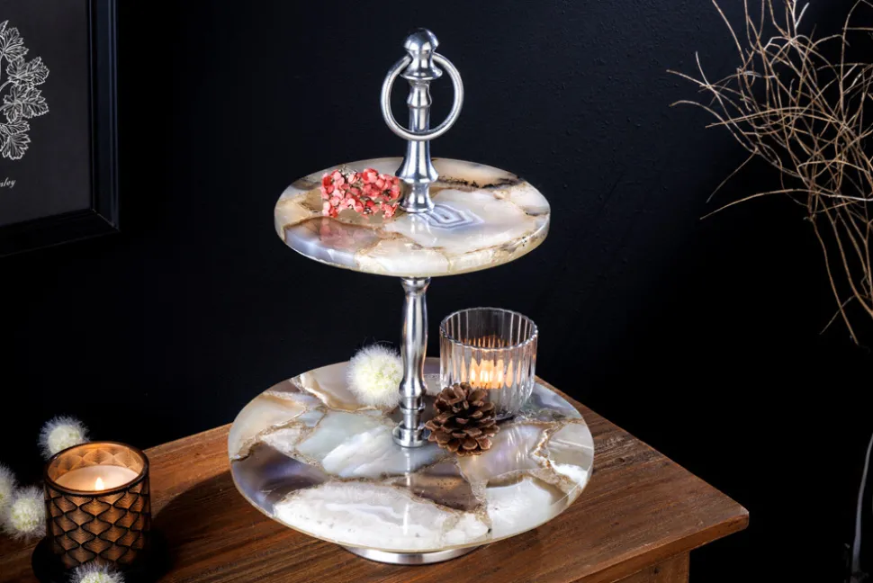 Deko Etagere NOBLE 35cm silber Edelstein handmade Achat Quarz Aluminium