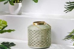 Deko Windlicht CANDLELIGHT 20cm beige-grün Metall handmade Laterne