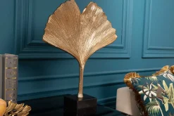 Dekorative Skulptur GINKGO LEAF 44cm gold handmade Metall mit Marmorsockel