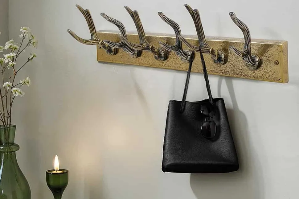 Dekorative Wandgarderobe DEER 50cm messing Metall Hirschgeweih Kleiderhaken