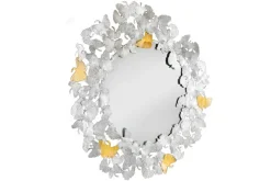 Dekorativer Wandspiegel GINKGO LEAFS XL 90cm gold silber rund aus Metall handmade
