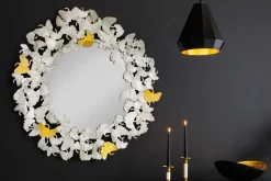 Dekorativer Wandspiegel GINKGO LEAFS XL 90cm gold silber rund aus Metall handmade