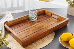 Dekoratives Tablett MAKASSAR 45cm braun Sheesham Massivholz stone finish Servierbrett