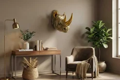 Deko-Wandfigur RHINO 40cm gold handmade Nashorn-Skulptur
