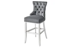 Design Barhocker CASTLE DELUXE grau Samt silber Edelstahl mit Lehne Chesterfield