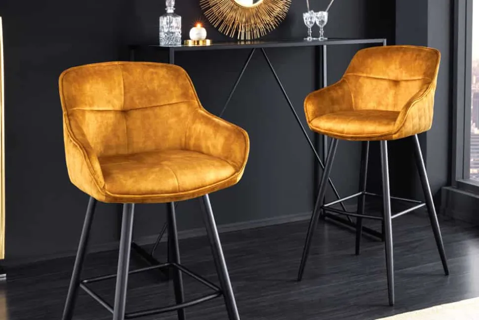 Design Barhocker EUPHORIA senfgelb Samt schwarze Metallbeine Barstuhl mit Lehne