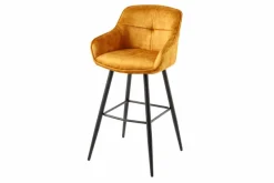 Design Barhocker EUPHORIA senfgelb Samt schwarze Metallbeine Barstuhl mit Lehne