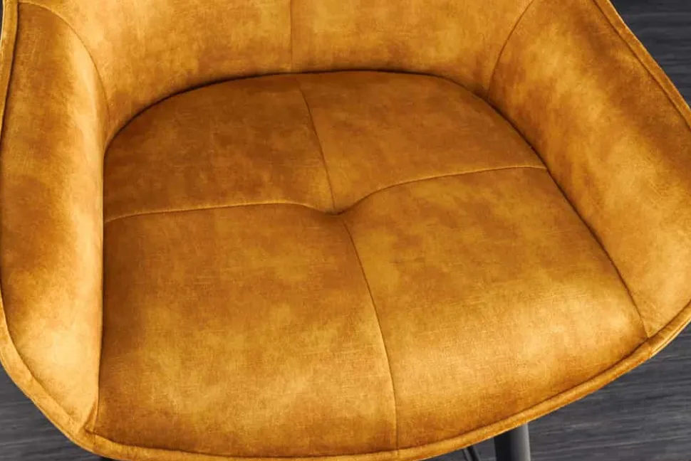 Design Barhocker EUPHORIA senfgelb Samt schwarze Metallbeine Barstuhl mit Lehne