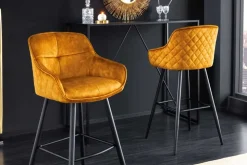 Design Barhocker EUPHORIA senfgelb Samt schwarze Metallbeine Barstuhl mit Lehne