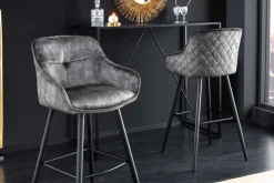 Design Barhocker EUPHORIA grau Samt schwarze Metallbeine Barstuhl mit Lehne