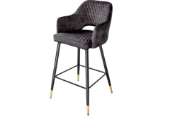Design Barhocker PARIS grau Samt mit Lehne Metall schwarz gold Ziersteppung