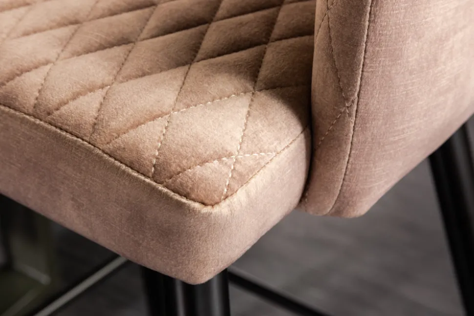 Design Barhocker PARIS greige Samt mit Lehne Metall schwarz gold Ziersteppung