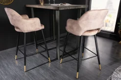 Design Barhocker PARIS greige Samt mit Lehne Metall schwarz gold Ziersteppung