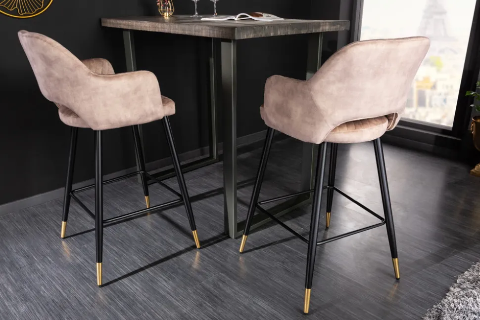 Design Barhocker PARIS greige Samt mit Lehne Metall schwarz gold Ziersteppung