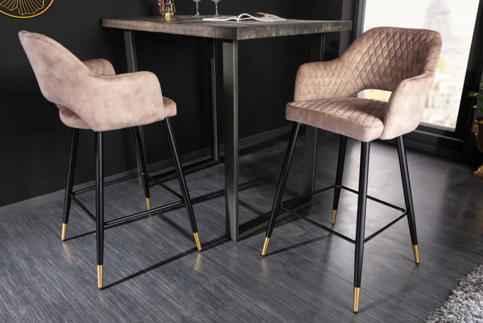 Design Barhocker PARIS greige Samt mit Lehne Metall schwarz gold Ziersteppung