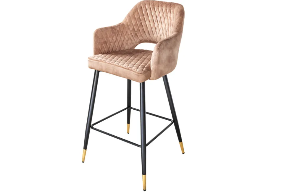 Design Barhocker PARIS greige Samt mit Lehne Metall schwarz gold Ziersteppung